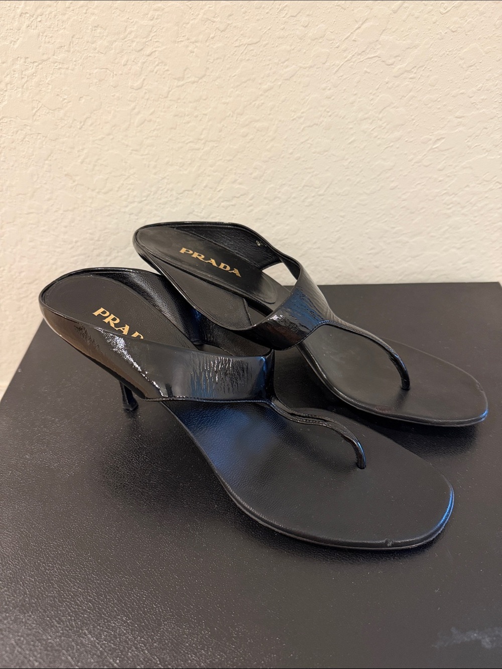 Prada Black Patent Leather Thong Kitten Heel Sandals